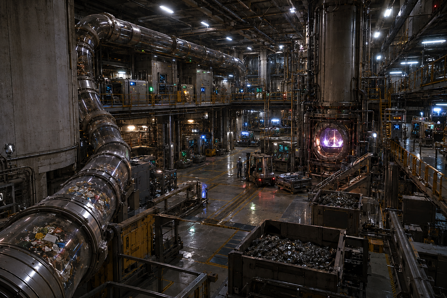 Industrial Plasma Arc Gasification facility processing municipal waste streams beneath the dome-cities of Aethelia. Recovered materials are separated into synthesis gas, recyclable metals, and vitrified construction slag