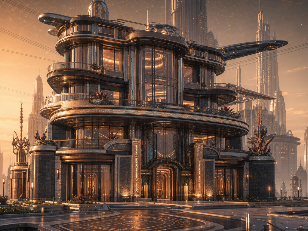 Upper-tier residential structure within a major Aethelian dome-city, illustrating the aerodynamic architecture, multi-level spatial design, and non-combustible construction materials characteristic of urban habitation on Aethelia