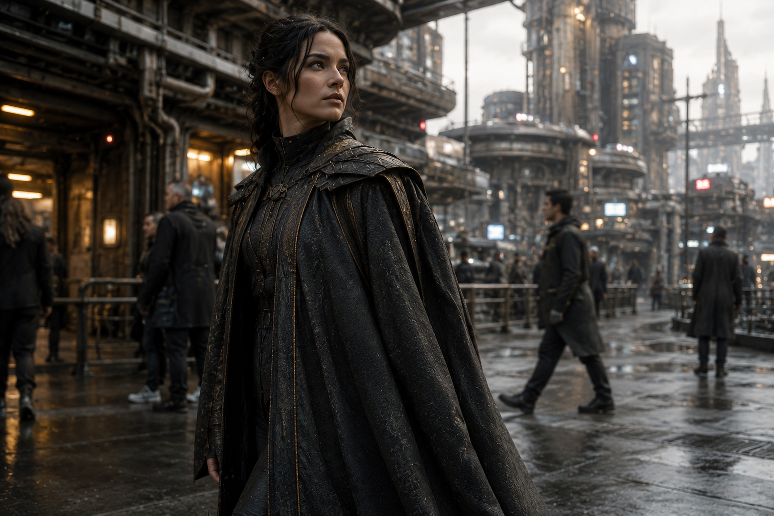 Civilian Glide-Chlamys attire commonly worn within major Aethelian dome-cities. Garments combine atmospheric protection, aerodynamic mobility systems, and structurally engineered coloration technologies