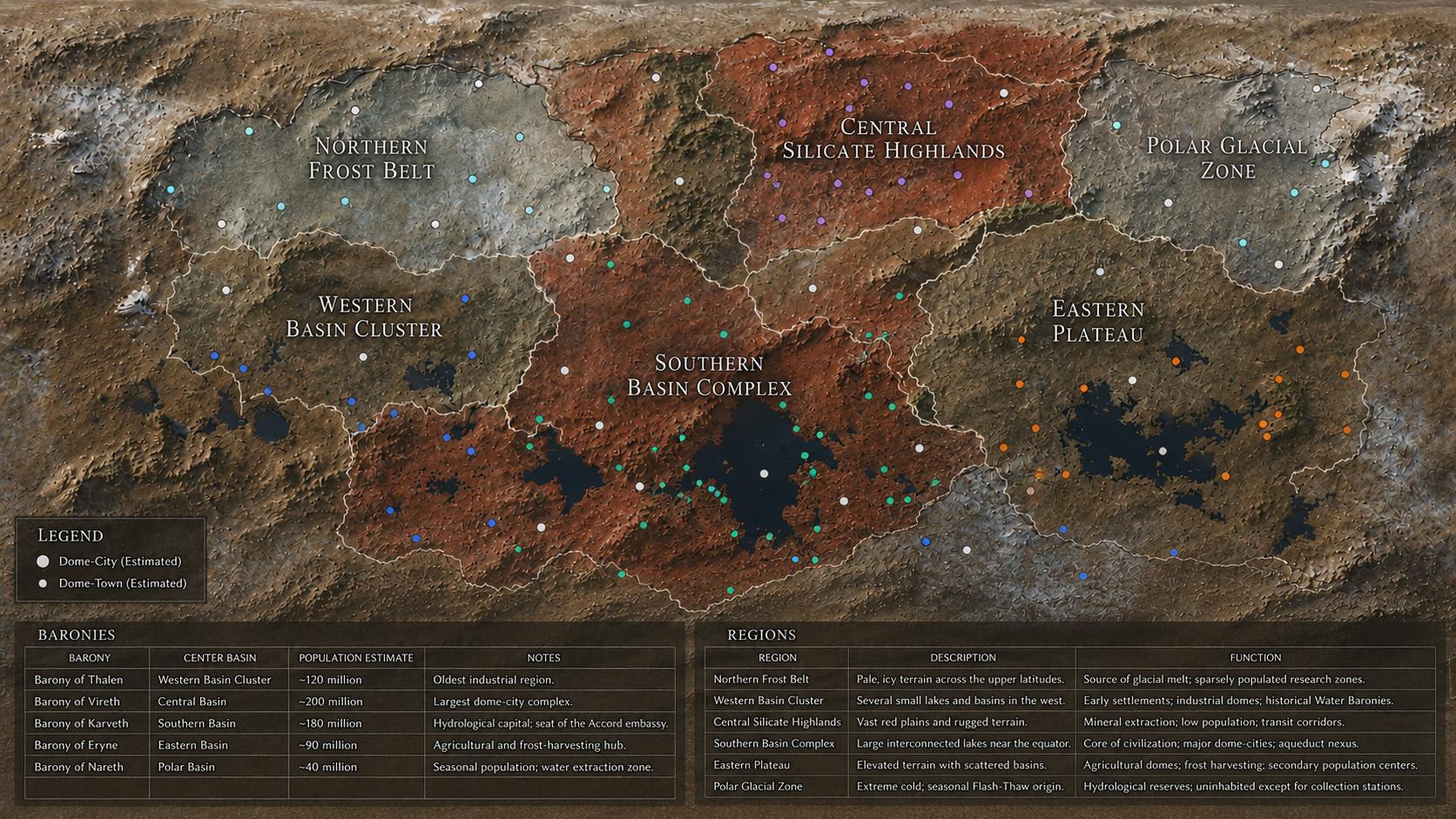 The following map illustrates the major geographic regions, administrative baronies, and estimated settlement distribution across Aethelia