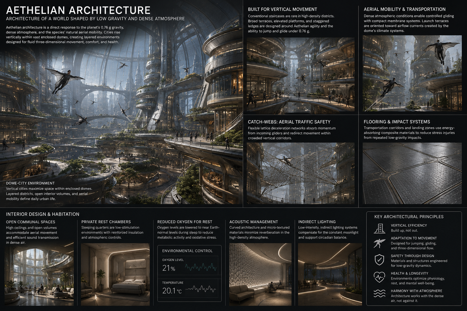 Interior architectural survey of a typical Aethelian dome-city, illustrating vertical urban design, aerial transit infrastructure, and environmental adaptations associated with low gravity and dense atmospheric conditions